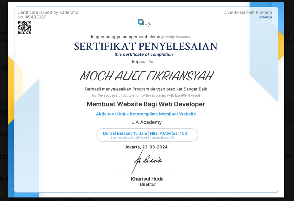 Completed the “Membuat Website Bagi Web Developer” training program with an Excellent result, a 15-hour learning duration, and an activity score of 100. The training competency follows SKKNI No. 282 o